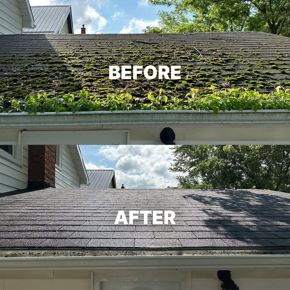 Before and after soft washing roof cleaning & roof moss removal in Halifax by ProCare Halifax.