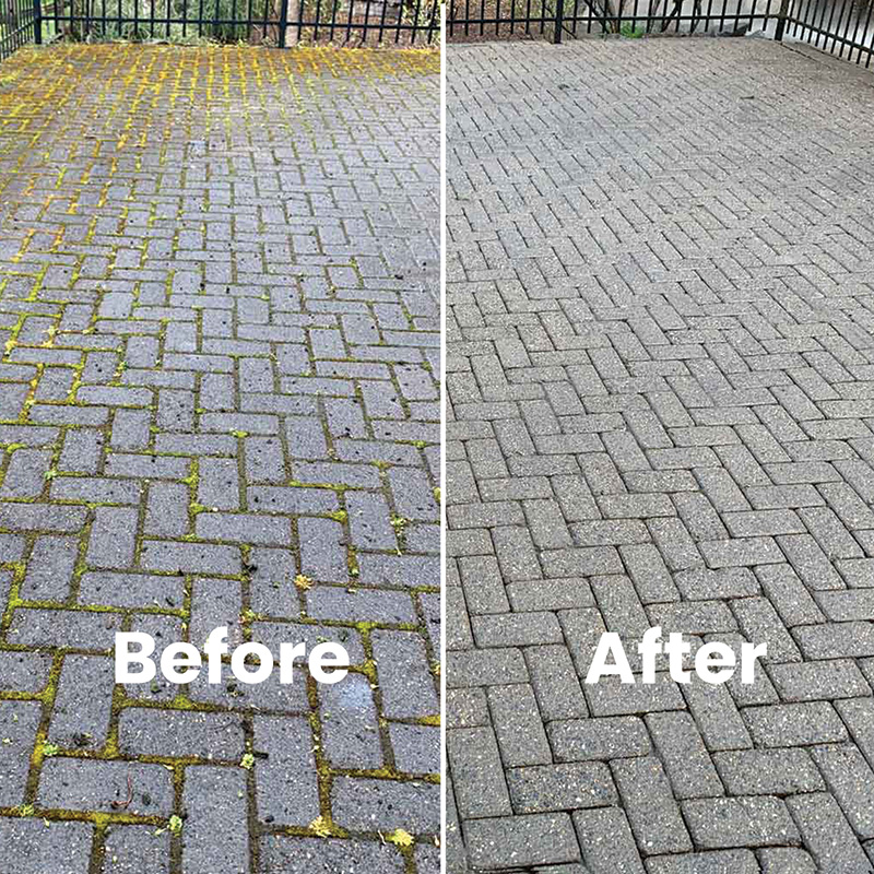 Before and after of a stone patio being cleaning in Halifax, Nova Scotia.