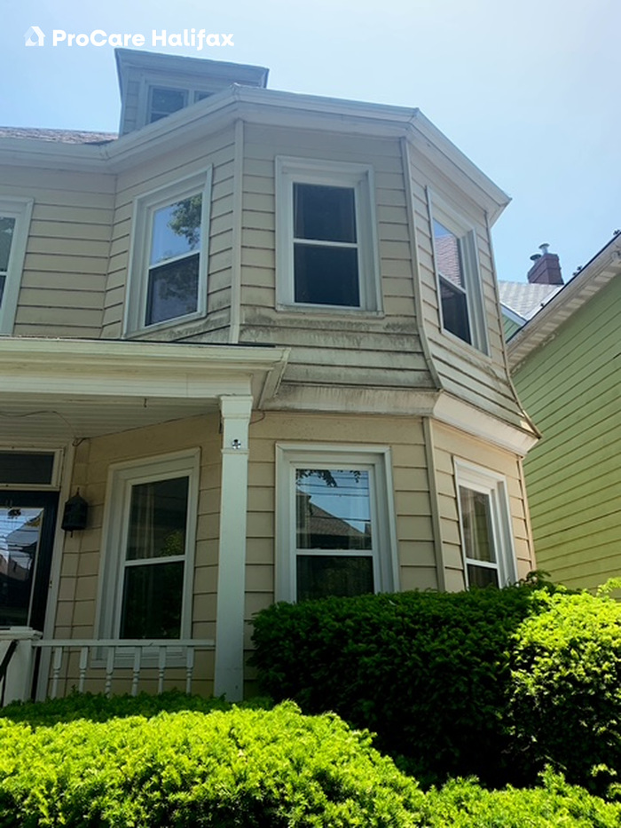 Before house wash showing dirt, mildew, and environmental staining on home siding in the South End of Nova Scotia
