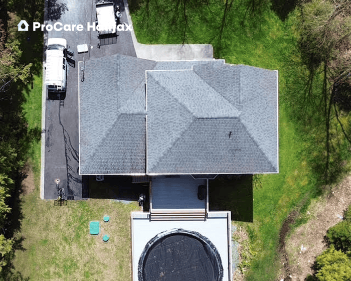 Aerial view of roof after soft wash cleaning with black streaks removed in Fall River Nova Scotia