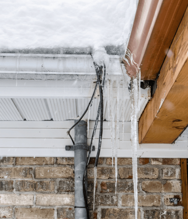 Ice dam and icicle buildup on a residential home in the South End of Halifax Nova Scotia