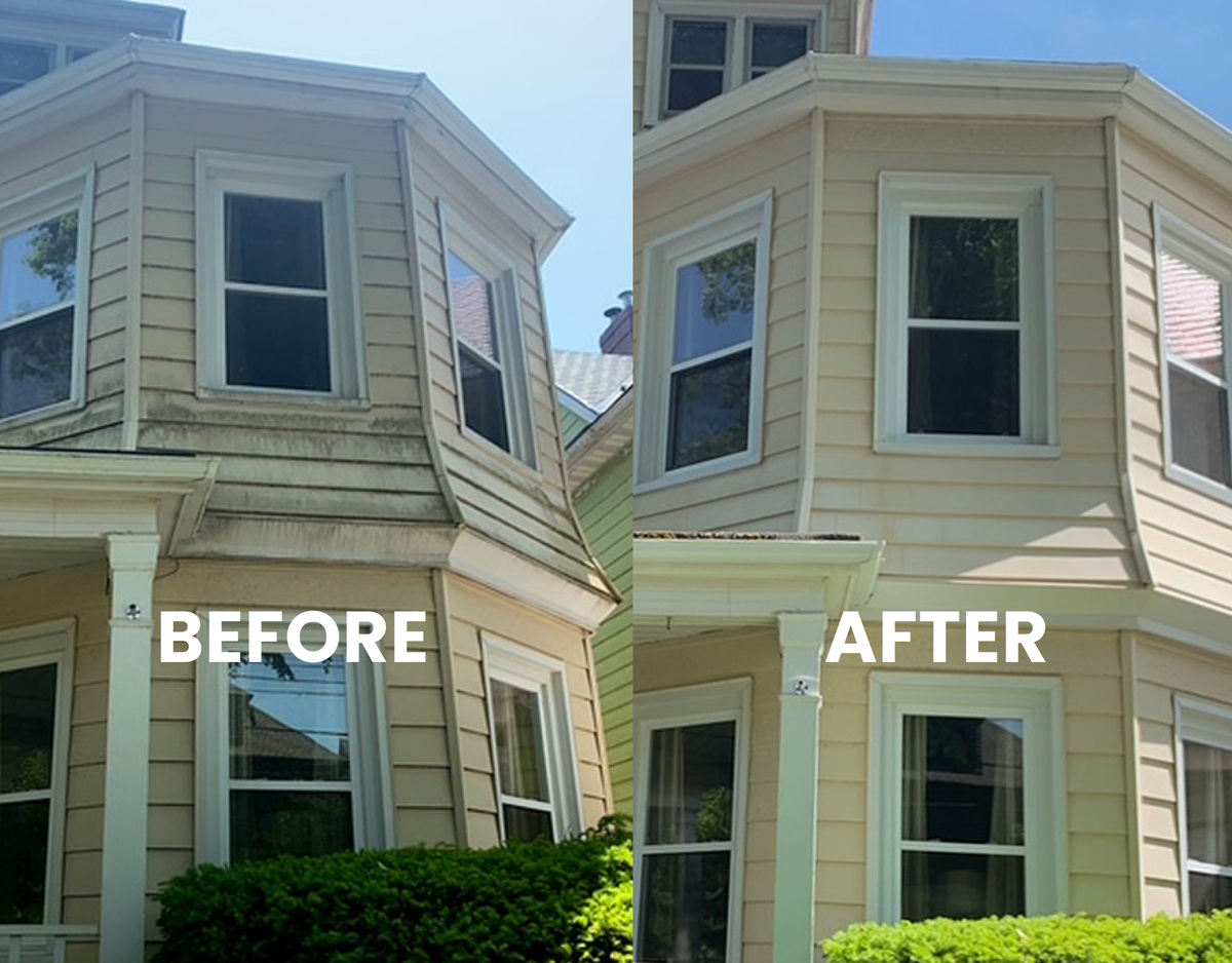 Before & After house wash showing clean, restored siding on a home in the South End of Nova Scotia