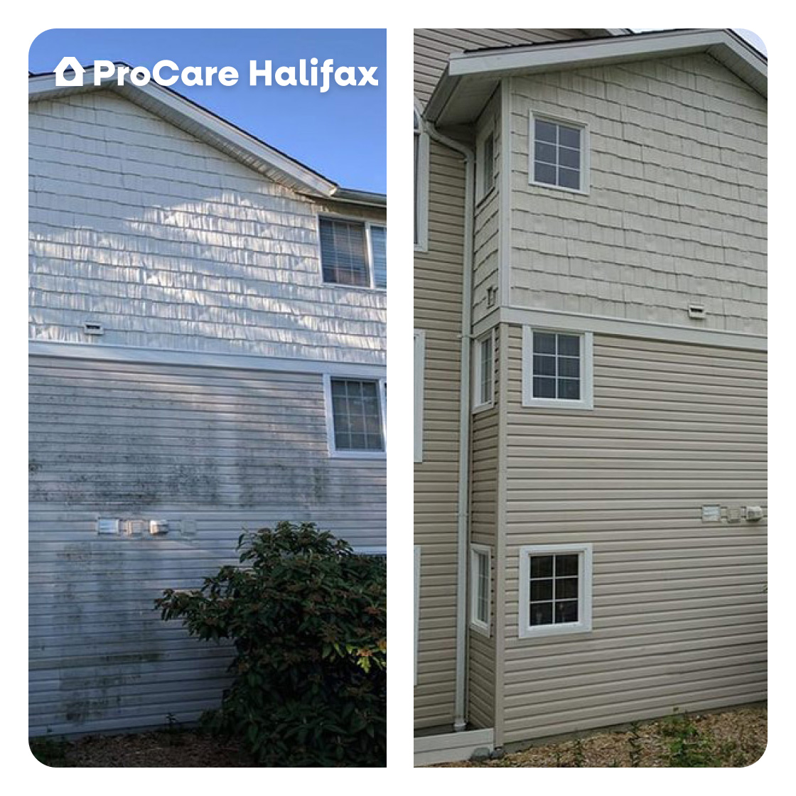 Before and after apartment building siding soft wash cleaning performed by ProCare Halifax.