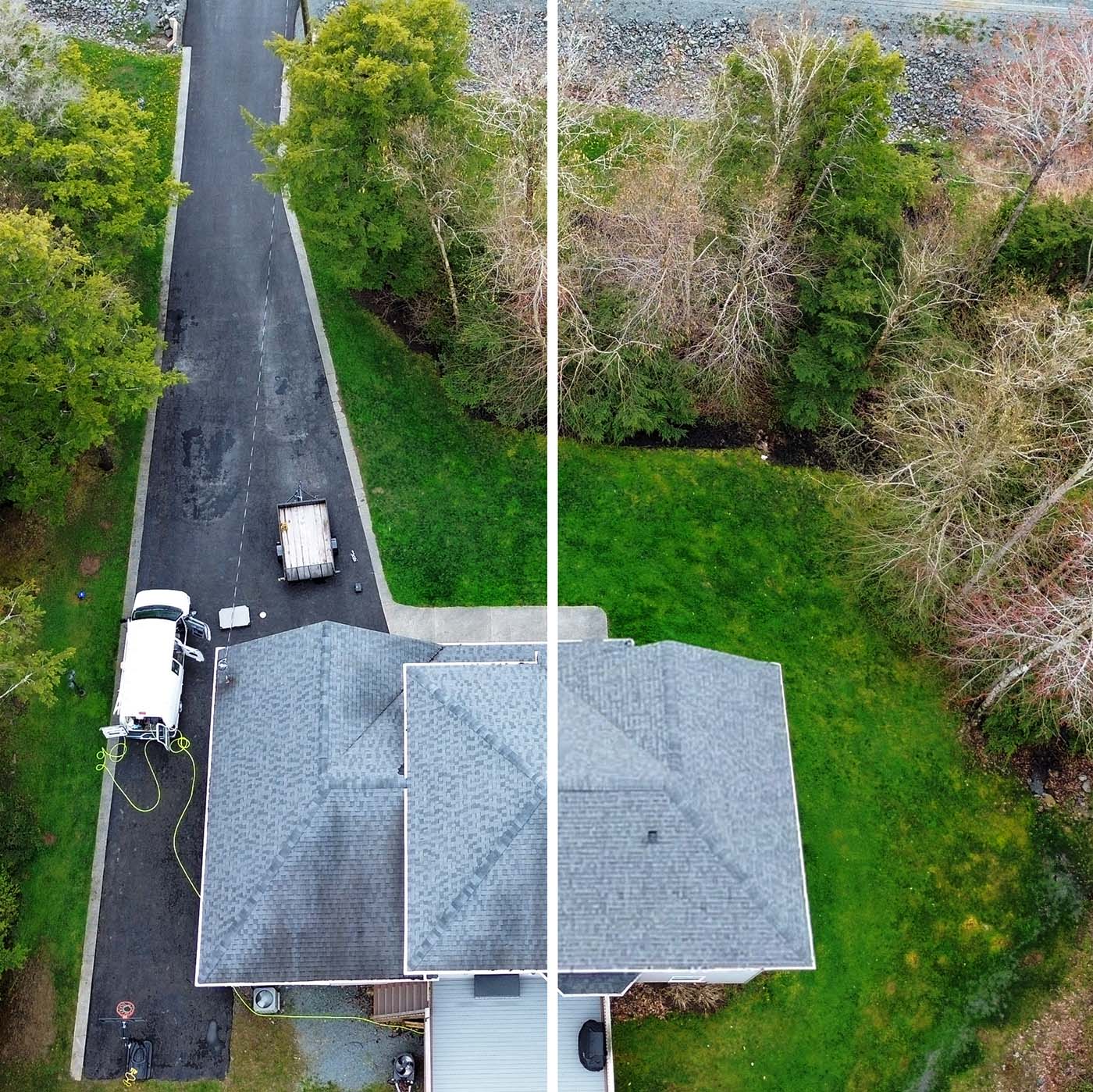 Before and after aerial view of black streak removal on an asphalt roof in Fall River.