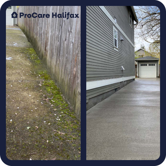 Dramatic before and after moss removal and professional driveway cleaning by ProCare Halifax.