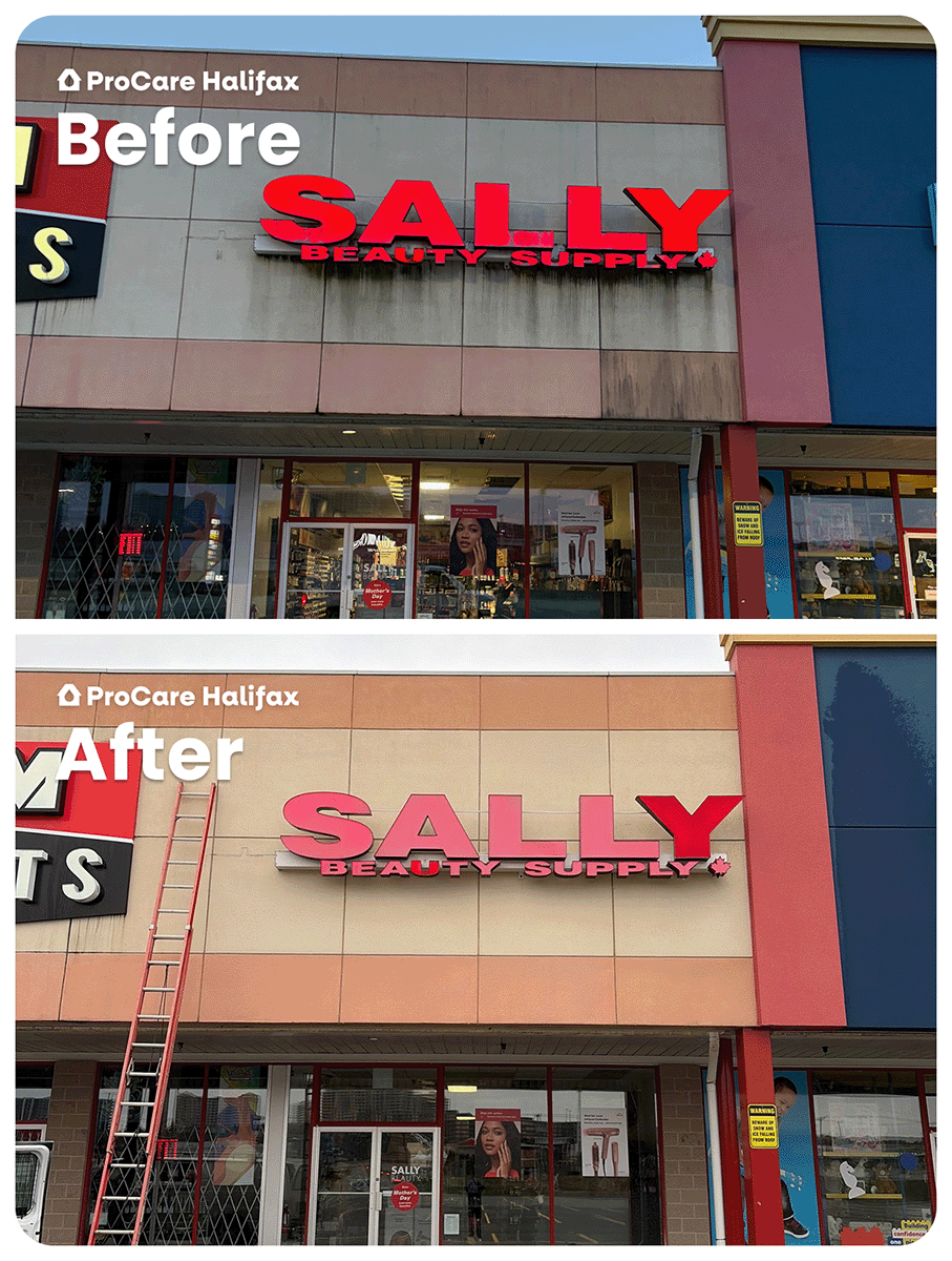 A comparison of a commercial storefront in Bayers Lake, Halifax. The "before" side shows the exterior heavily stained with black algae and pigeon droppings, while the "after" side shows the facade completely clean.