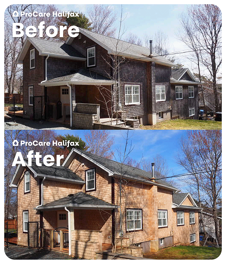 Stacked comparison showing ProCare Halifax's specialized soft wash process on a residential cedar exterior in Bedford, NS.