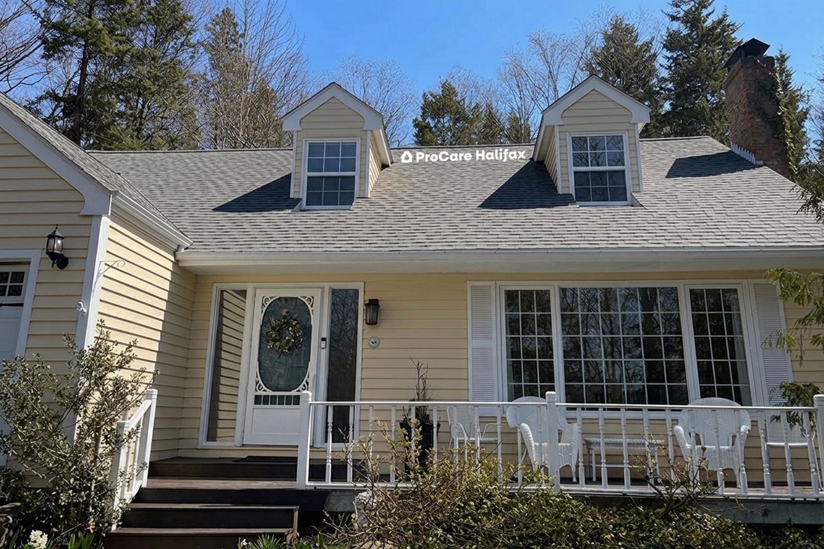 A clean, restored residential roof in Beford, Nova Scotia, with all black algae and organic growth removed following a professional soft wash treatment by ProCare Halifax.