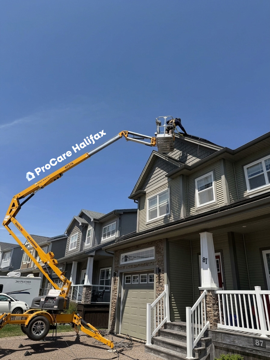 ProCare Halifax team using lift access and fall-arrest safety gear for a steep roof wash and installing pigeon deterrents in Halifax.